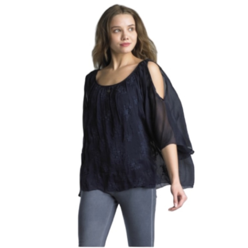 NWT Belle France Silk Embroidered Blouse in Navy (GMH)